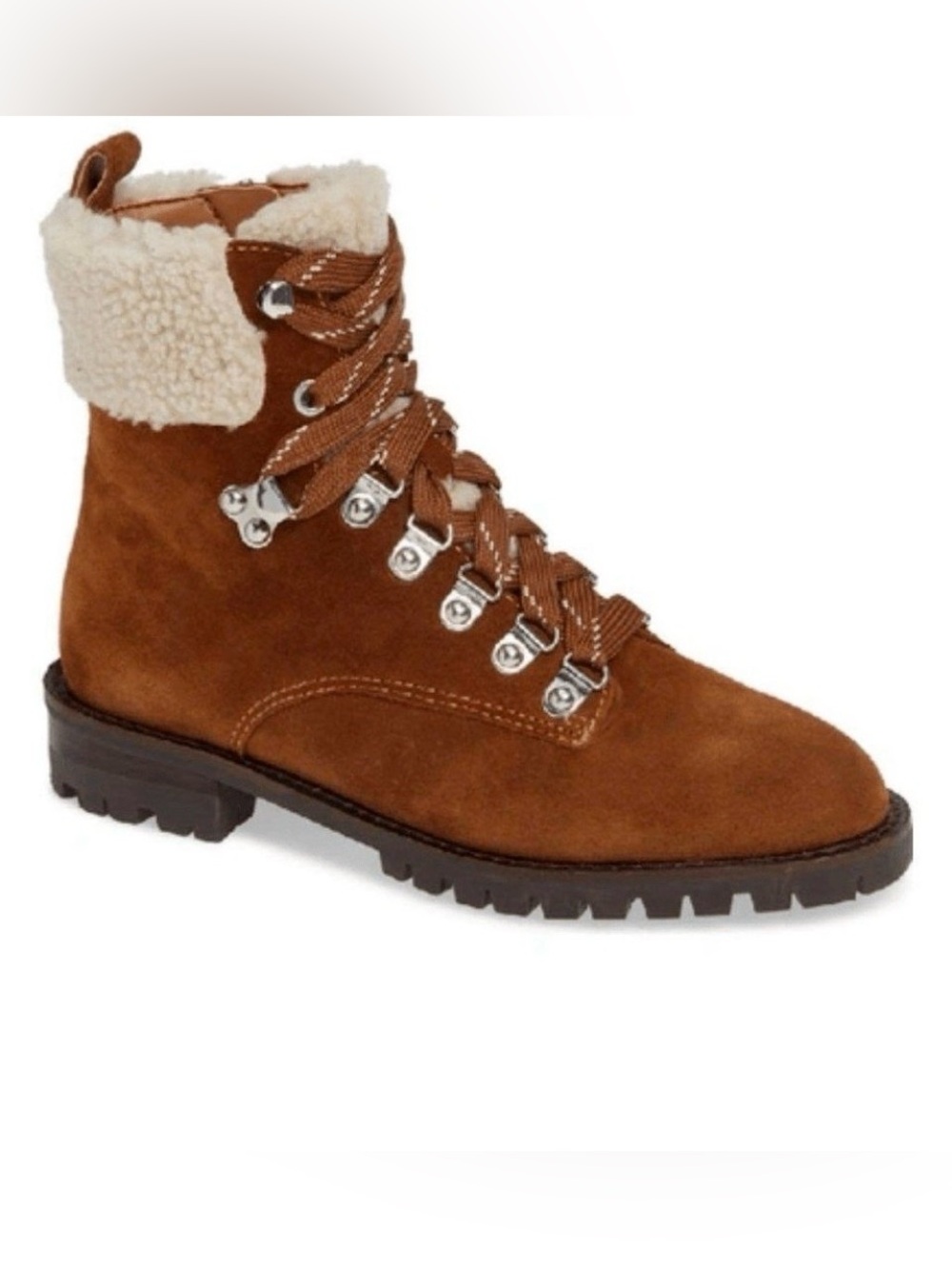 New REBECCA MINKOFF Jaylin Suede Shearling Lace-up Ankle Boots Saddle Brown 9.5